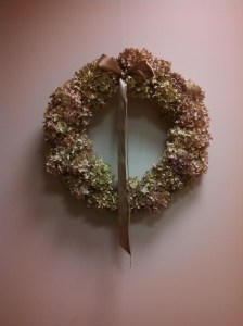Hydrangea Wreath with Beige Ribbon. Mary Briggs